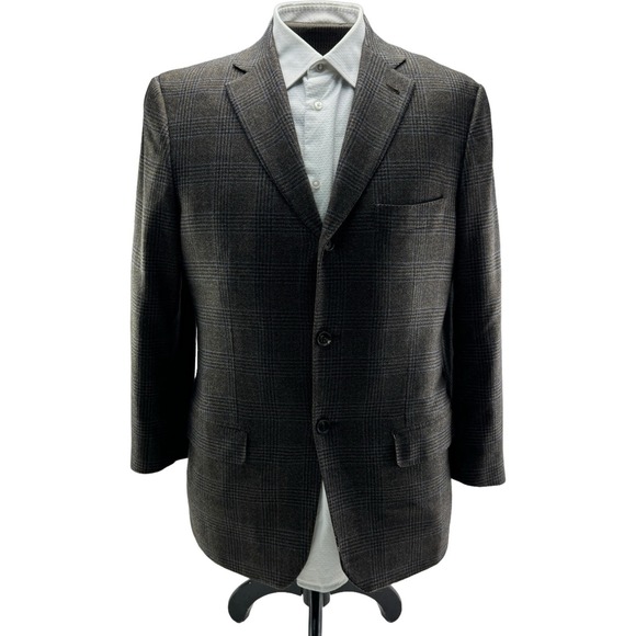 Isaia Brown Wool Cashmere Blazer 3 Button Ventless Size 42R Black & Blue Check